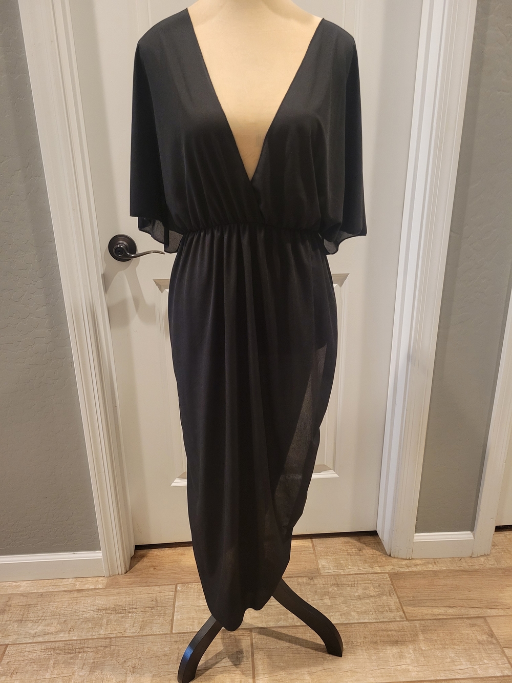 Black Deep V Swim Coverup with Elastic Waist